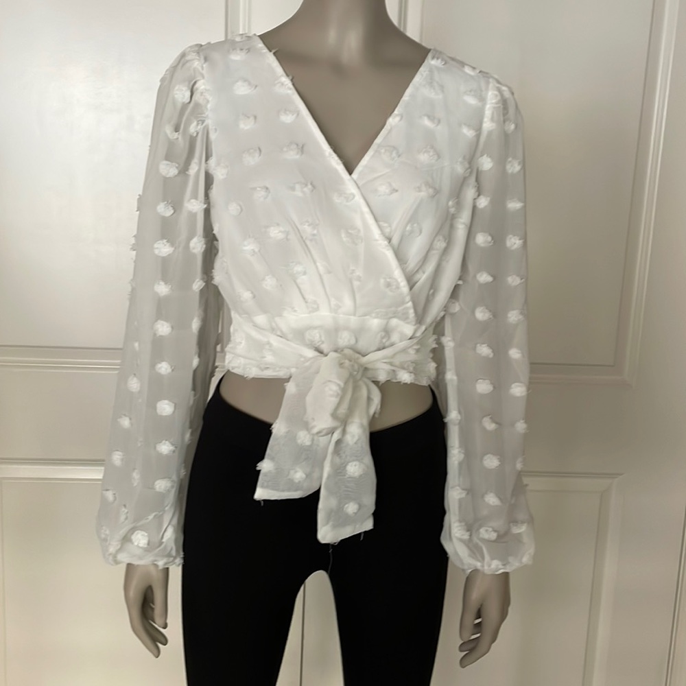NWT! Paper Crane L.A. Wide Sleeve Sheer Cropped Wrap Front Blouse